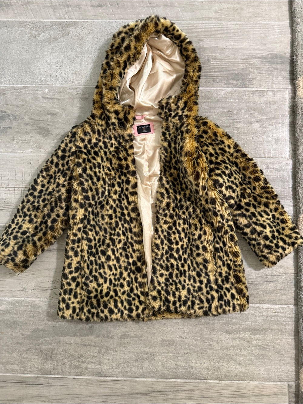 J Crew Kids Leopard Faux Fur Hooded Coat - Tan & Black